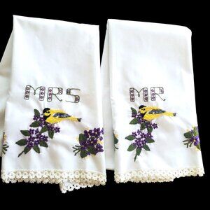 Vintage Hand Embroidered Pillowcases Mr and Mrs Birds and Flowers Wedding Gift